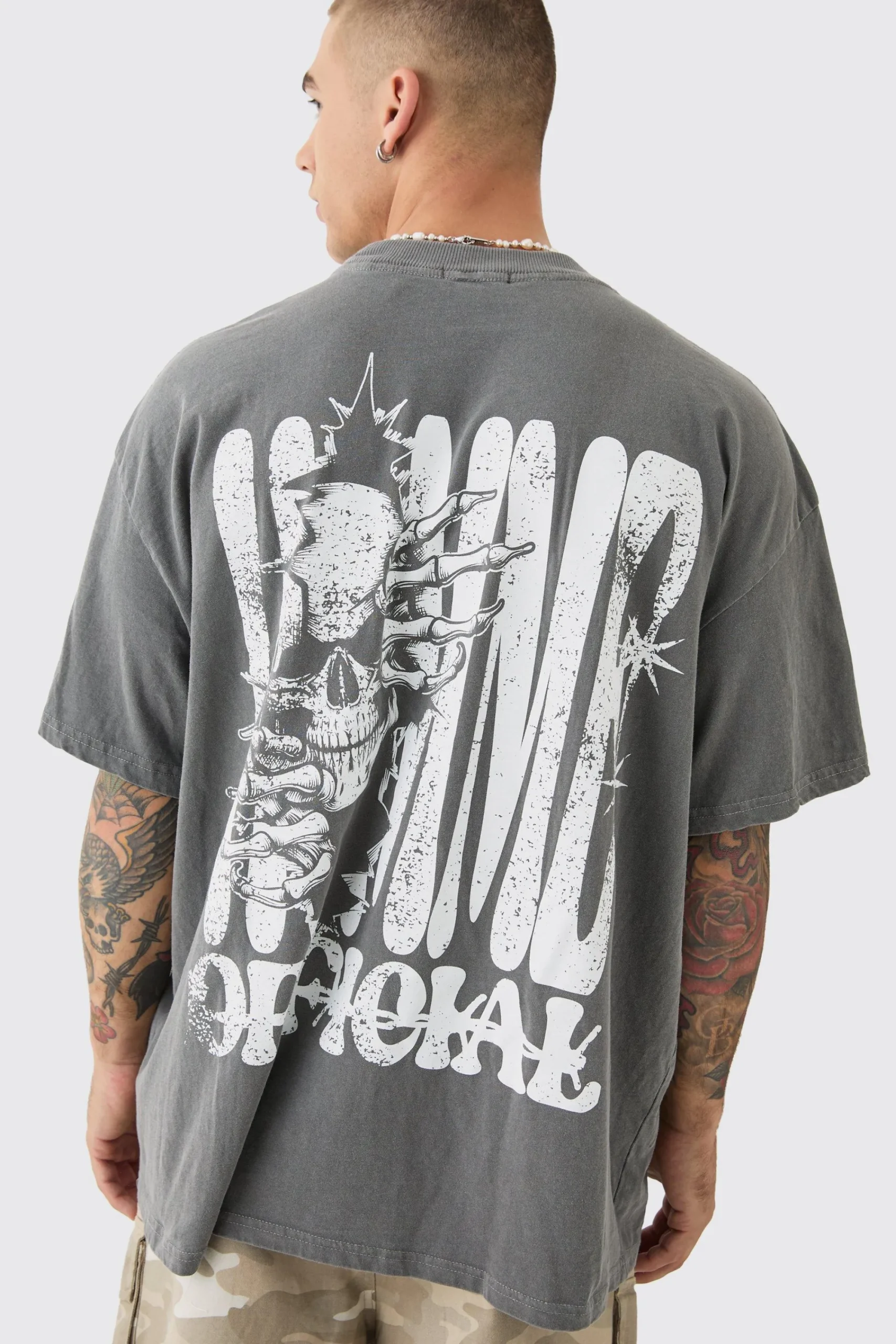 Oversized Extended Neck Skeleton Homme Back Print T-shirt | UK^boohooMAN