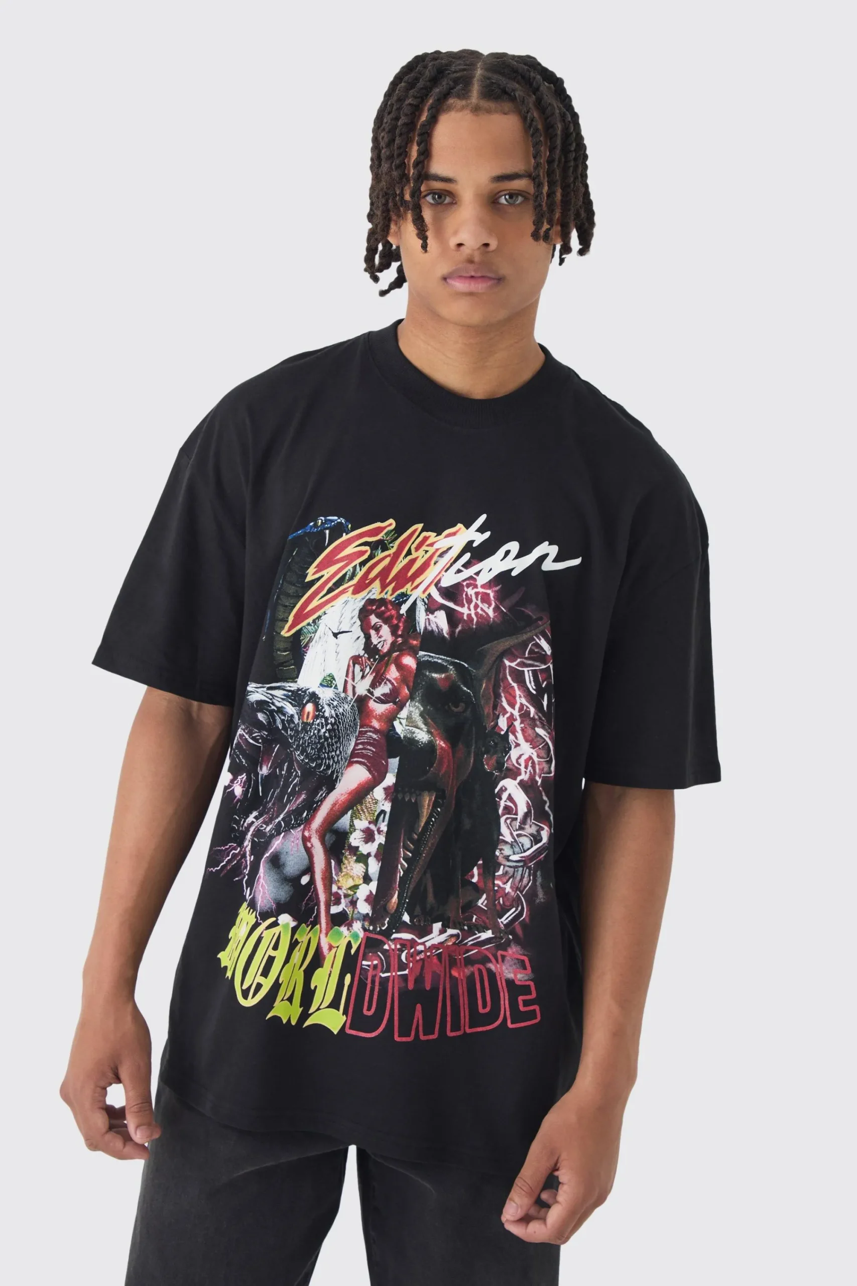 Oversized Extended Neck Split Print T-Shirt | UK^boohooMAN New