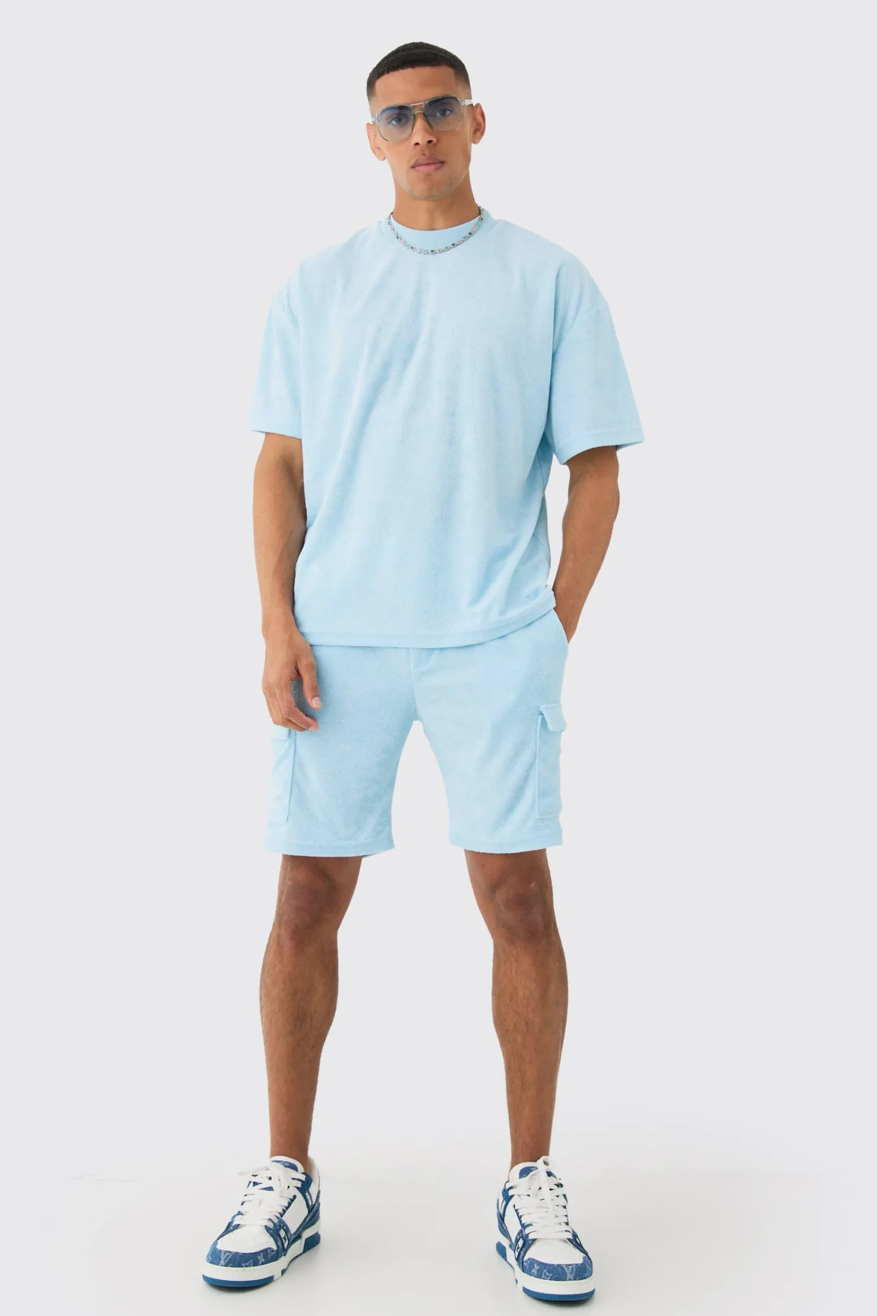 boohooMAN Oversized Extended Neck Towelling T-shirt & Cargo Shorts | UK| Shorts|Sets & Co-Ords