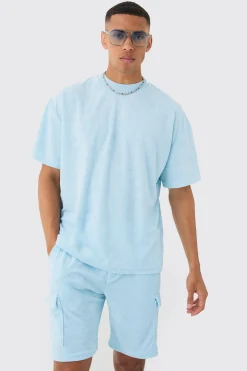 boohooMAN Oversized Extended Neck Towelling T-shirt & Cargo Shorts | UK| Shorts|Sets & Co-Ords