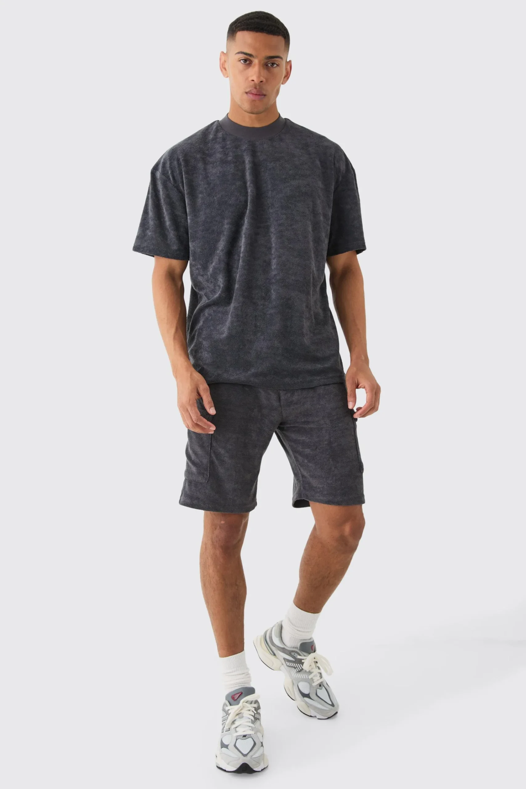 boohooMAN Oversized Extended Neck Towelling T-shirt & Cargo Shorts | UK| Shorts|Sets & Co-Ords