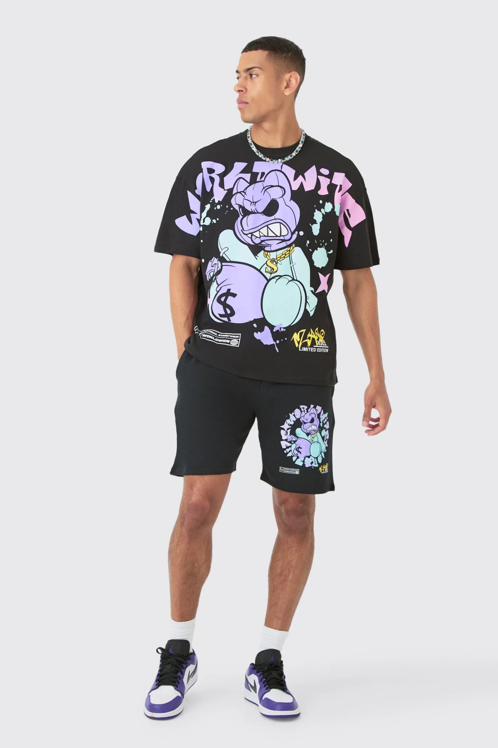 boohooMAN Oversized Extended Neck Teddy Large Graphic Shorts Set | UK| Sets & Co-Ords|Tracksuits