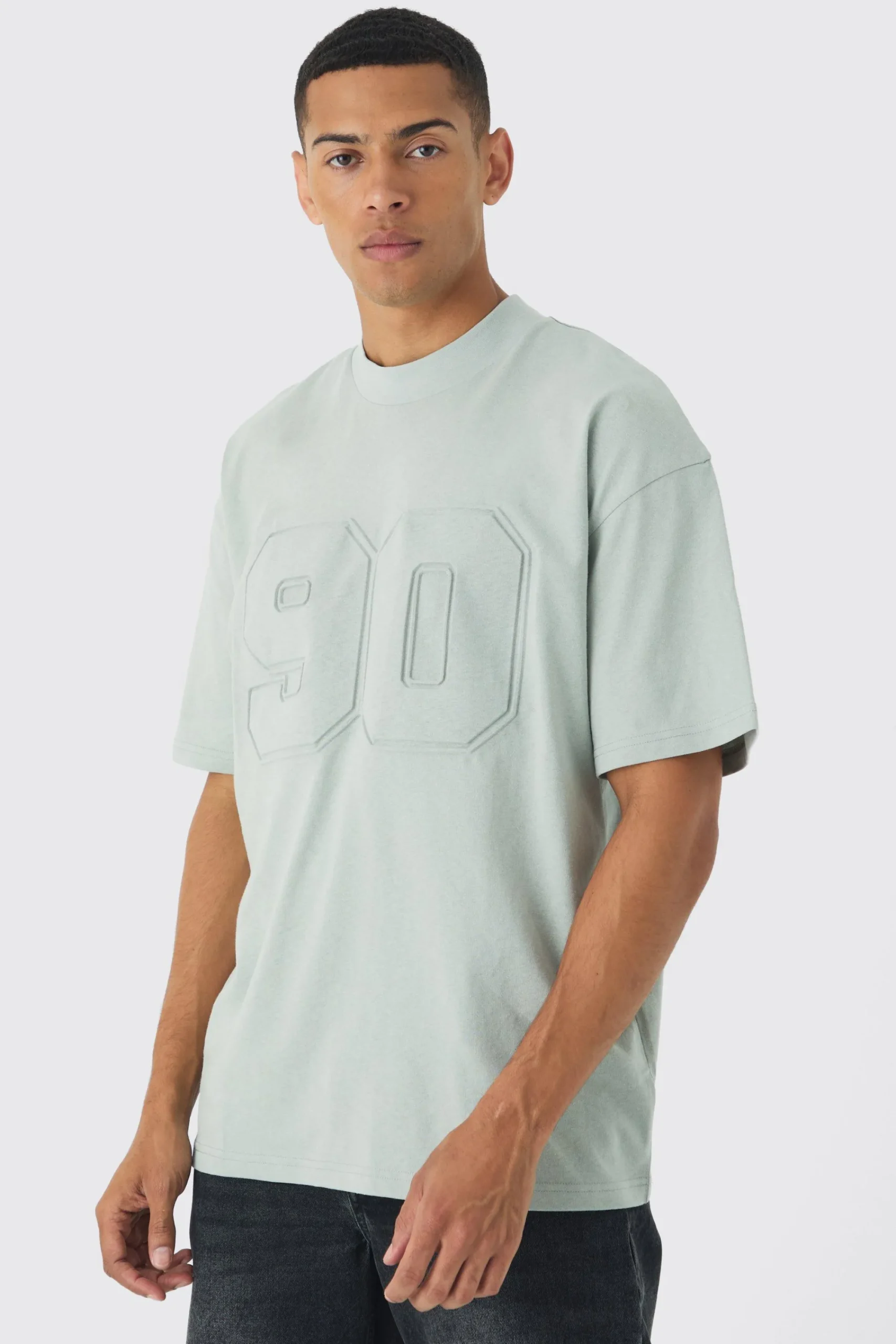 Oversized Extended Neck Varsity Embossed T-Shirt | UK^boohooMAN New