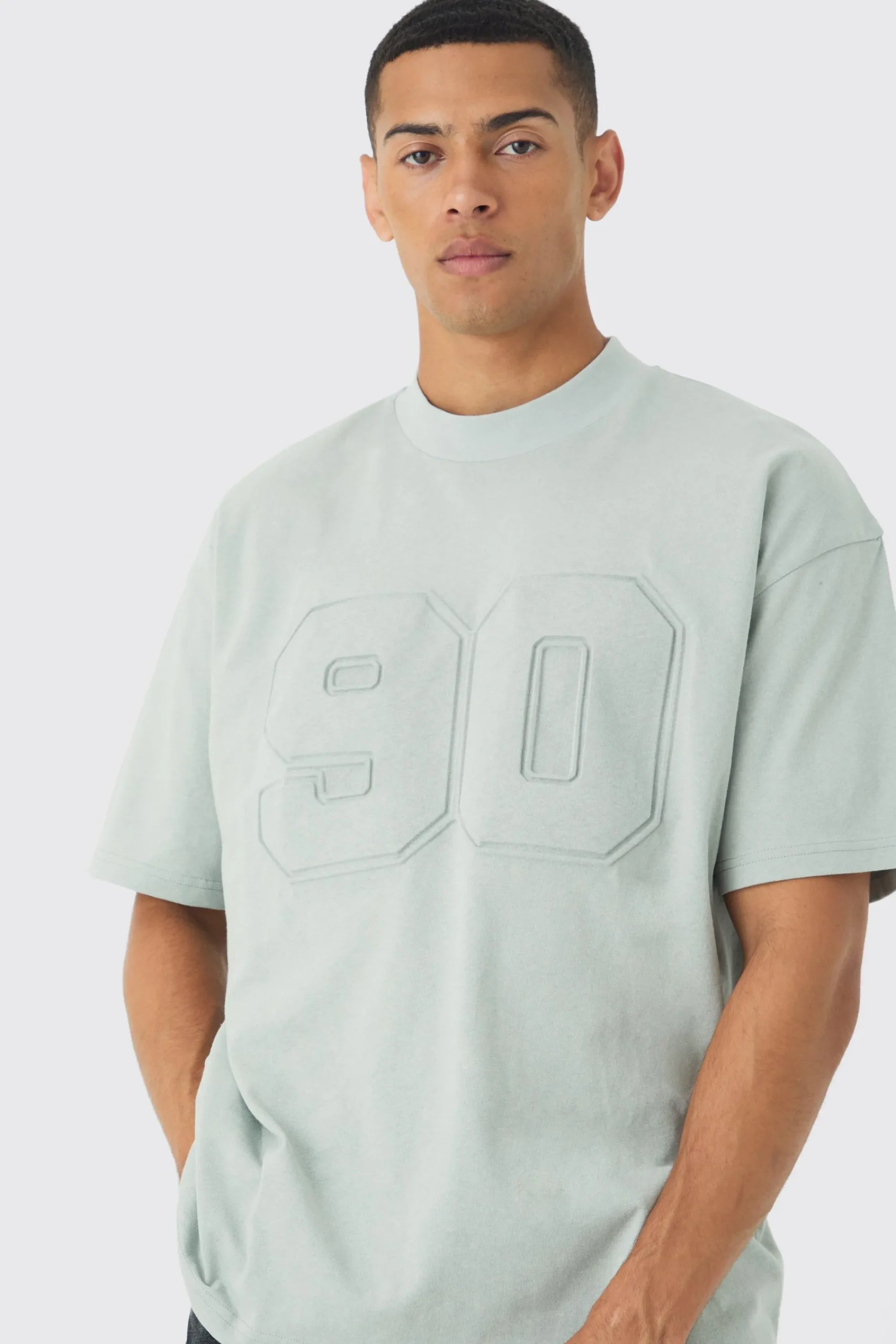 Oversized Extended Neck Varsity Embossed T-Shirt | UK^boohooMAN New