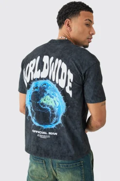 Oversized Extended Neck Worldwide Wash T-Shirt | UK^boohooMAN Discount
