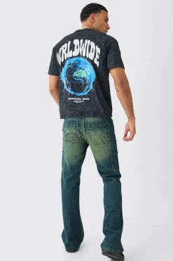 Oversized Extended Neck Worldwide Wash T-Shirt | UK^boohooMAN Discount