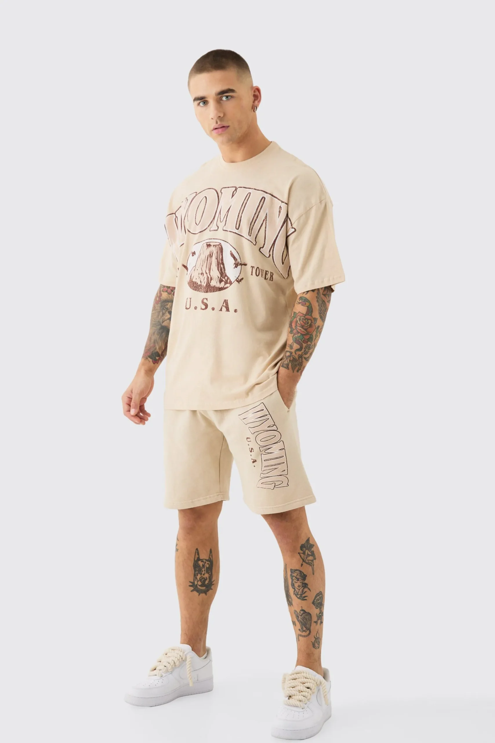 boohooMAN Oversized Extended Neck Wyoming Large Graphic Shorts Set | UK| Tracksuits