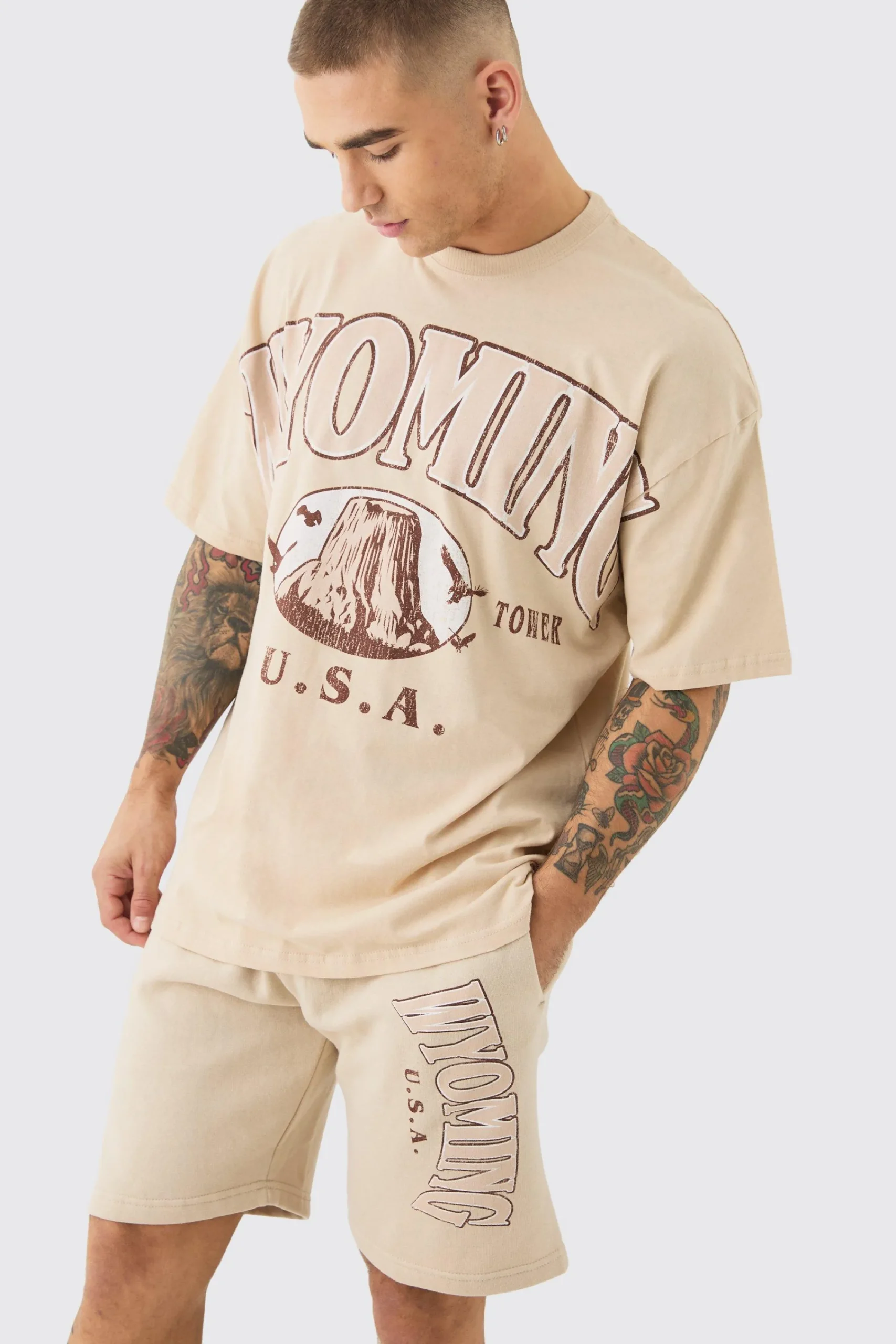 boohooMAN Oversized Extended Neck Wyoming Large Graphic Shorts Set | UK| Tracksuits