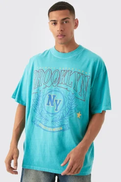 Oversized Extended Neck Wash Varsity Brooklyn Print T-shirt | UK^boohooMAN Outlet