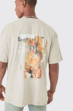Oversized Extended Neck Wash Renaissance Back Print T-shirt | UK^boohooMAN Online