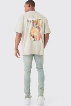 Oversized Extended Neck Wash Renaissance Back Print T-shirt | UK^boohooMAN Online