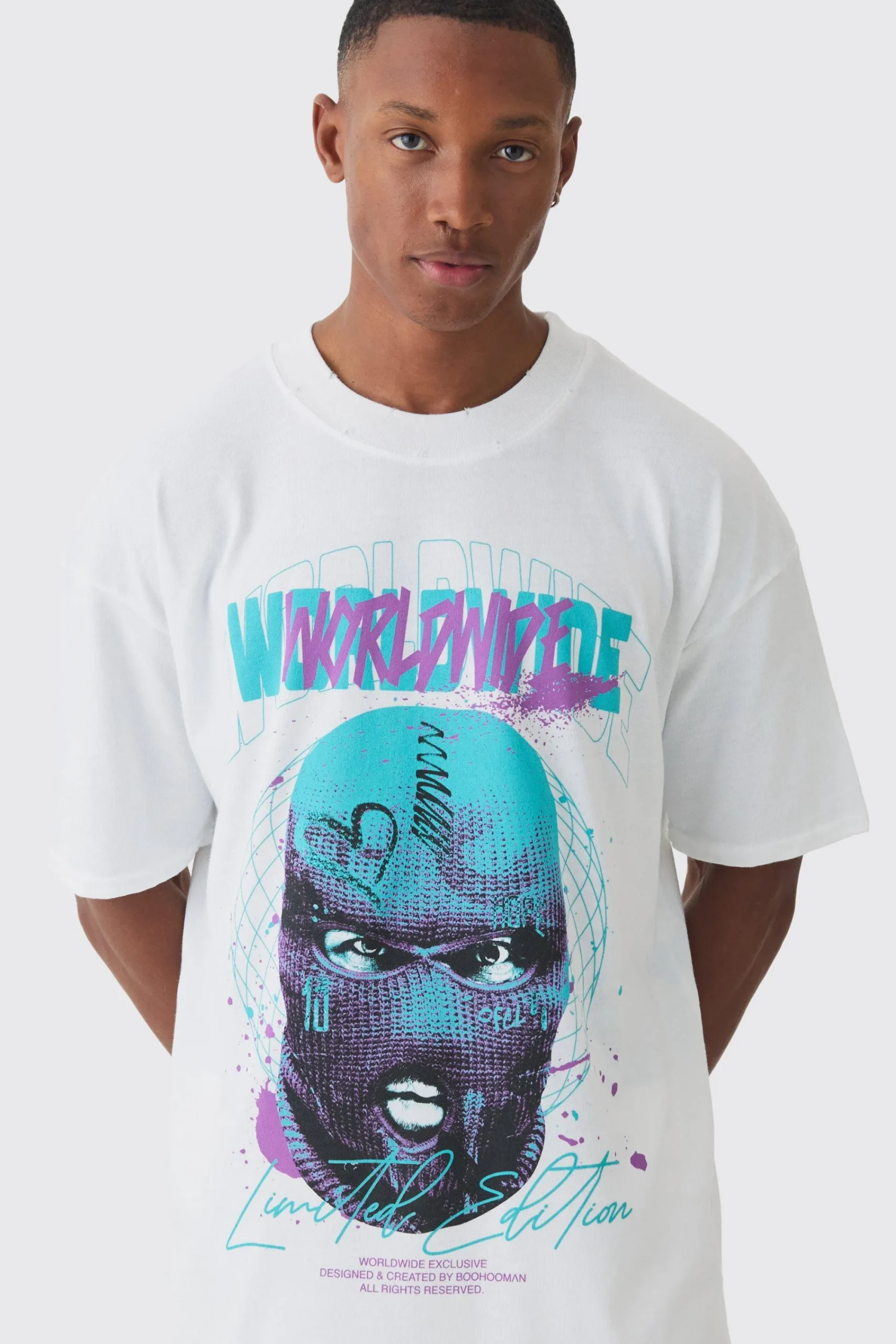 Oversized Extended Neck Worldwide Distressed T-shirt | UK^boohooMAN Discount