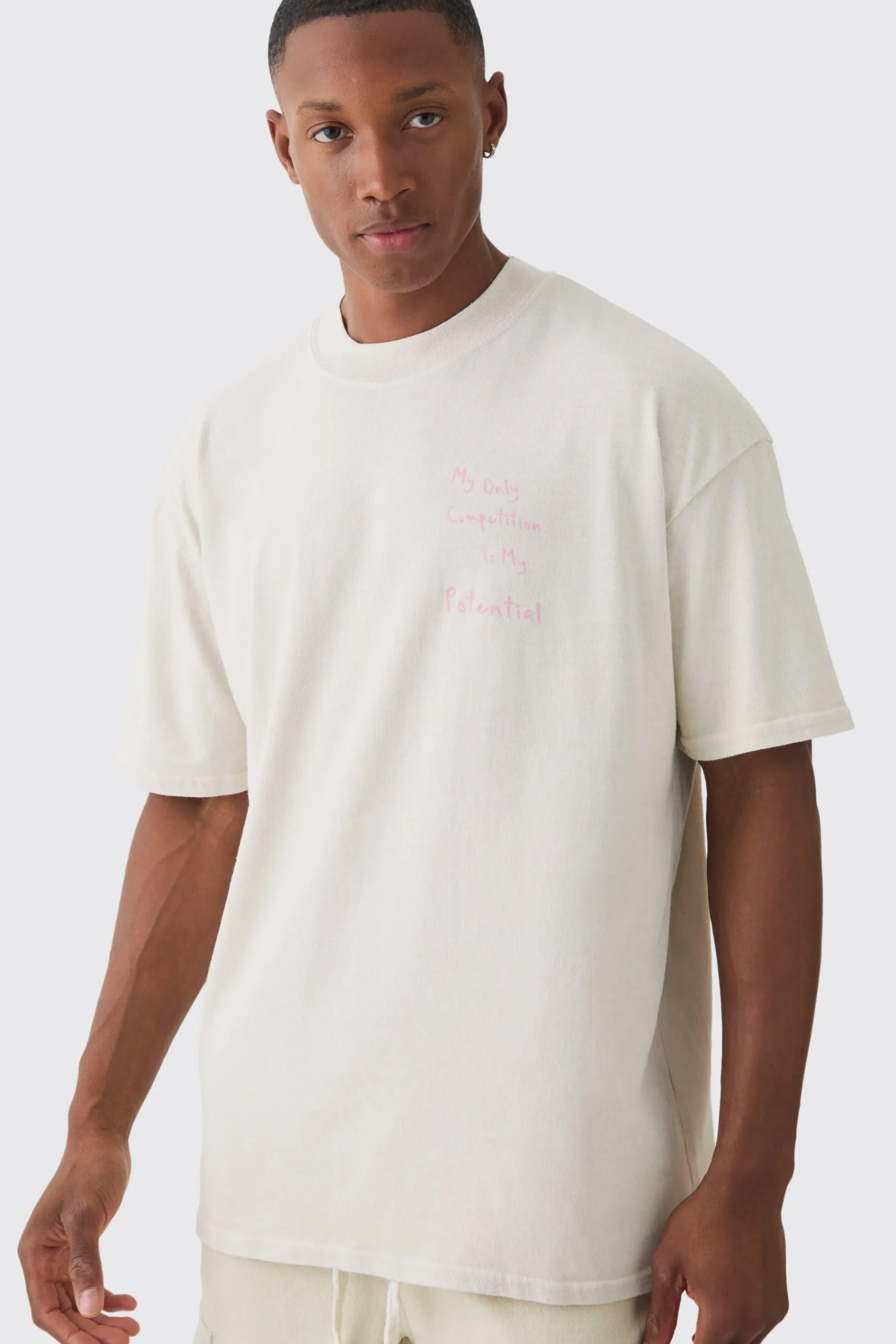 Oversized Extended Neck Washed Competition Slogan T-shirt | UK^boohooMAN Sale