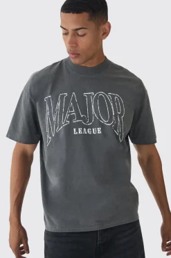 Oversized Extended Neck Washed Major League Print T-Shirt | UK^boohooMAN Hot