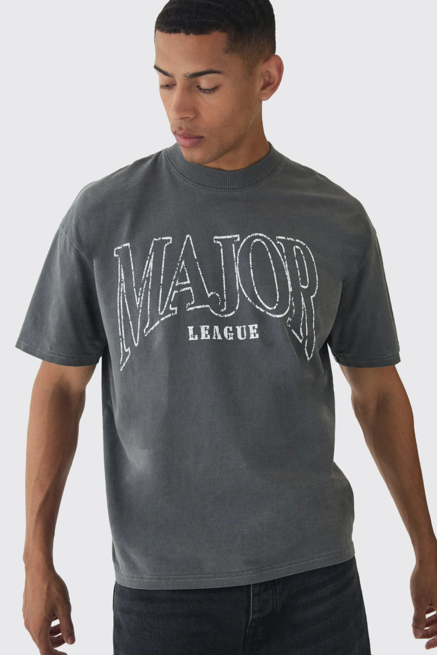 Oversized Extended Neck Washed Major League Print T-Shirt | UK^boohooMAN Hot