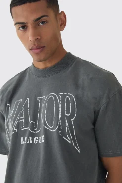 Oversized Extended Neck Washed Major League Print T-Shirt | UK^boohooMAN Hot