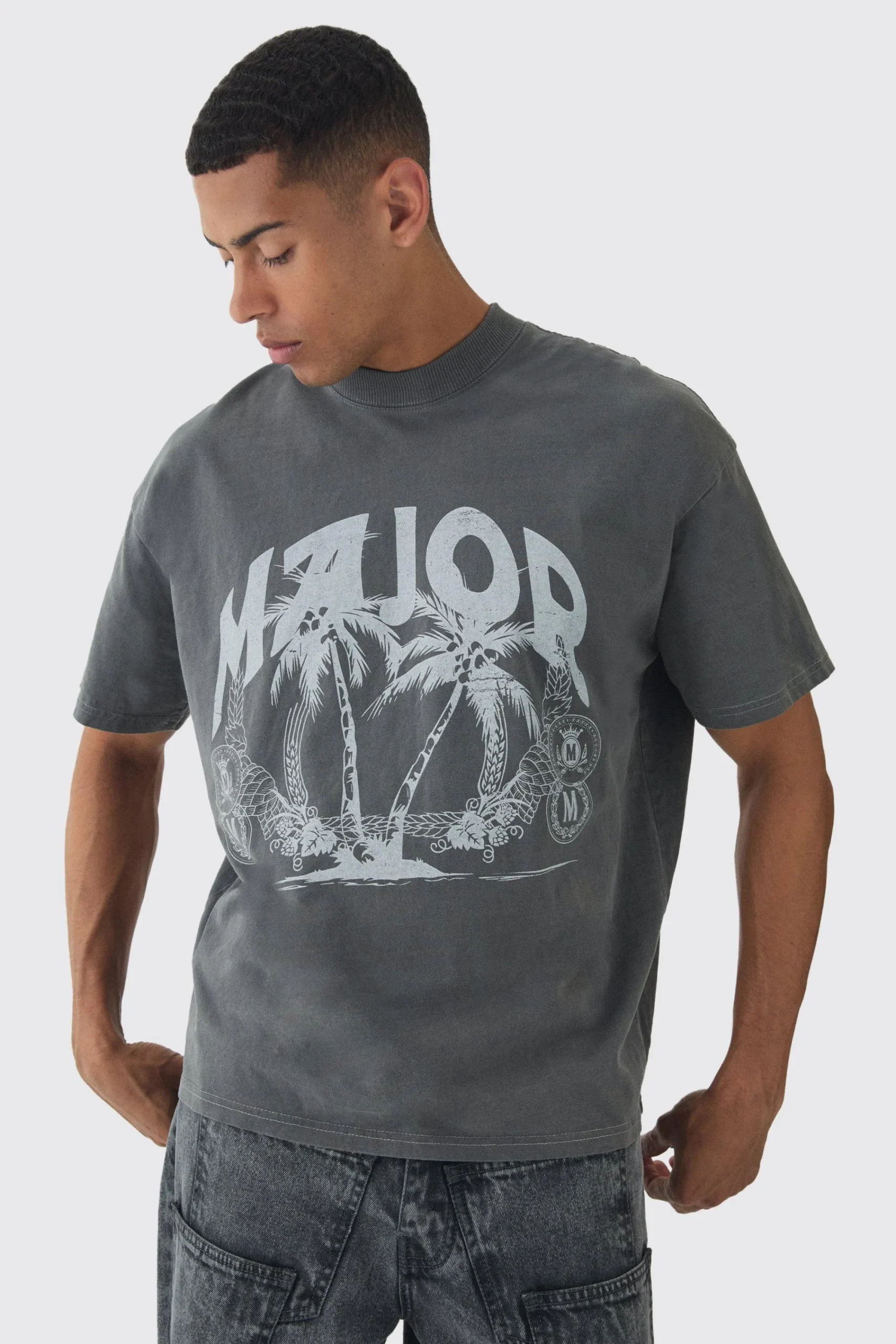 Oversized Extended Neck Washed Major Print T-Shirt | UK^boohooMAN Outlet