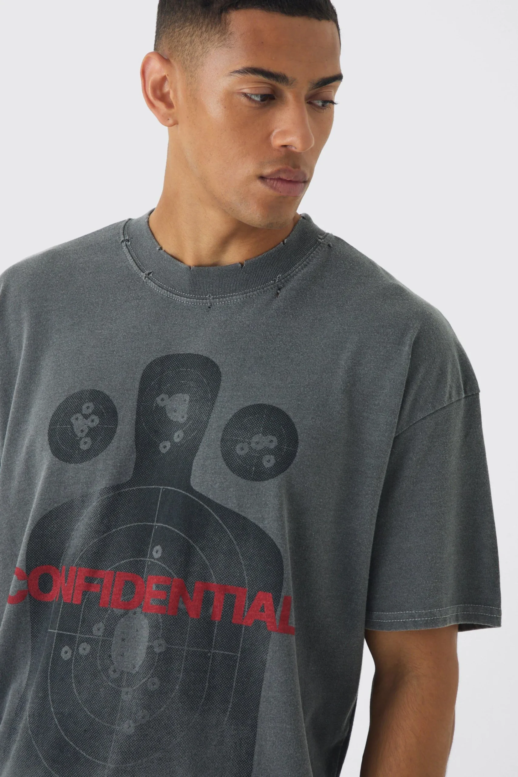 Oversized Extended Neck Wash Distressed Printed T-Shirt | UK^boohooMAN Outlet