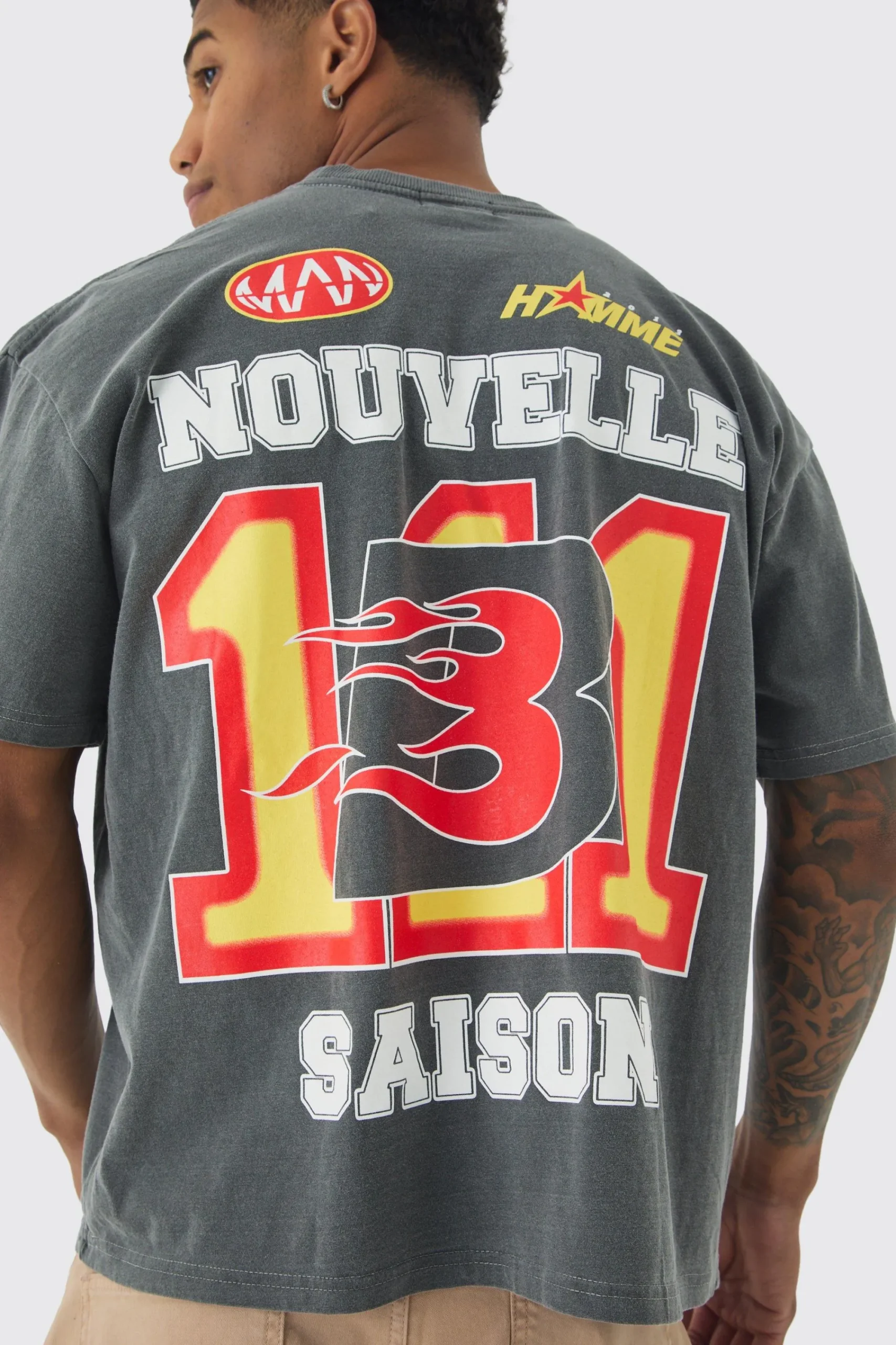 Oversized Extended Neck Washed Varsity Print T-Shirt | UK^boohooMAN Online