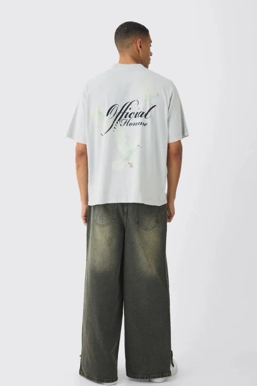 Oversized Extended Neck Washed Dove Back Print T-Shirt | UK^boohooMAN Hot