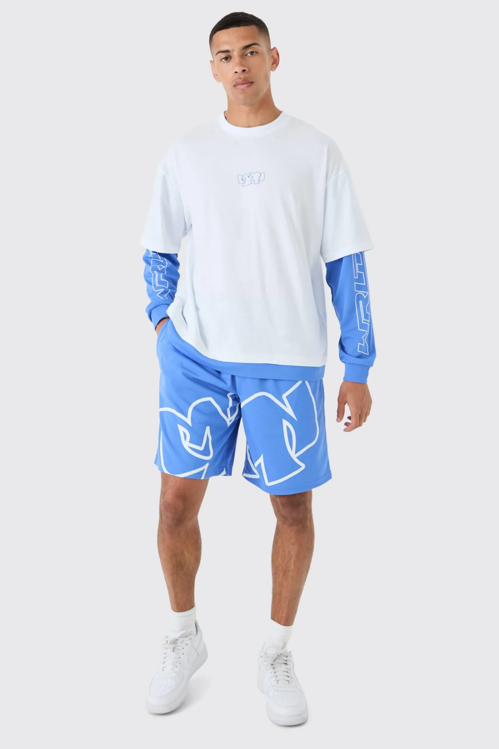 boohooMAN Oversized Faux Layer T-shirt And Mesh Short Set | UK| Sets & Co-Ords|Tracksuits