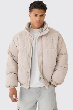 boohooMAN Oversized Faux Suede Worldwide Funnel Neck Puffer In | UK| Coats & Jackets