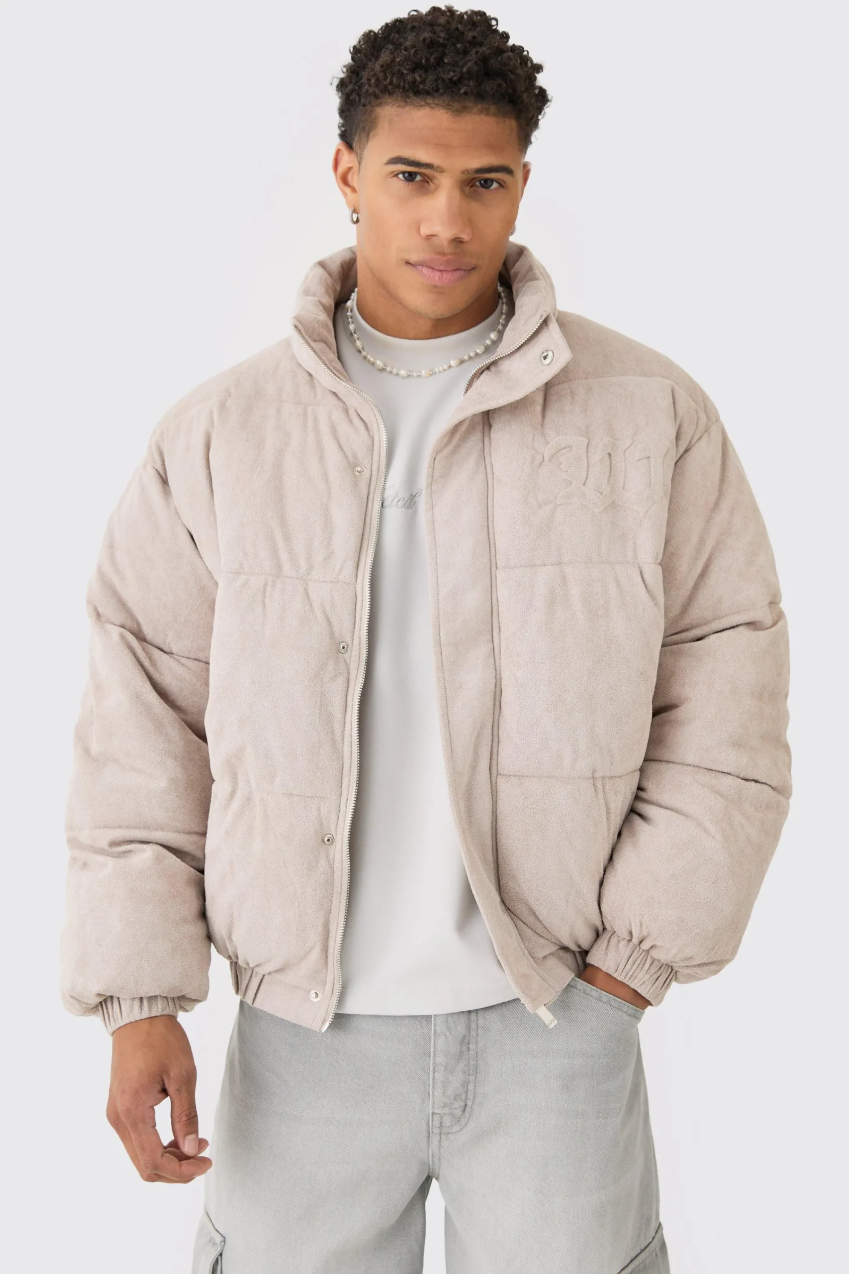 boohooMAN Oversized Faux Suede Worldwide Funnel Neck Puffer In | UK| Coats & Jackets