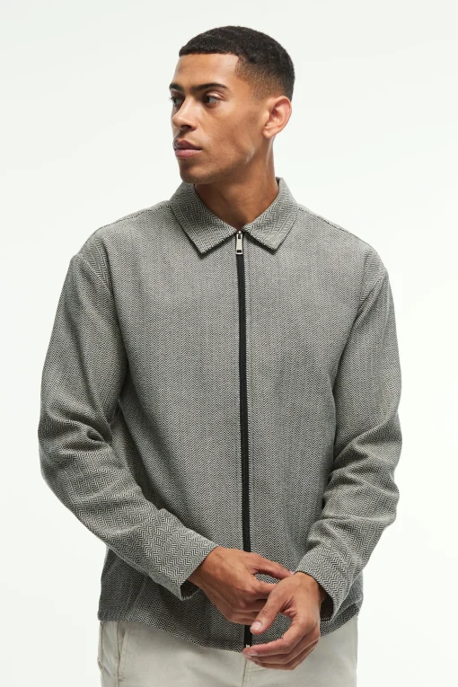 boohooMAN Oversized Fit Zip Through Herringbone Shirt | UK| Shirts