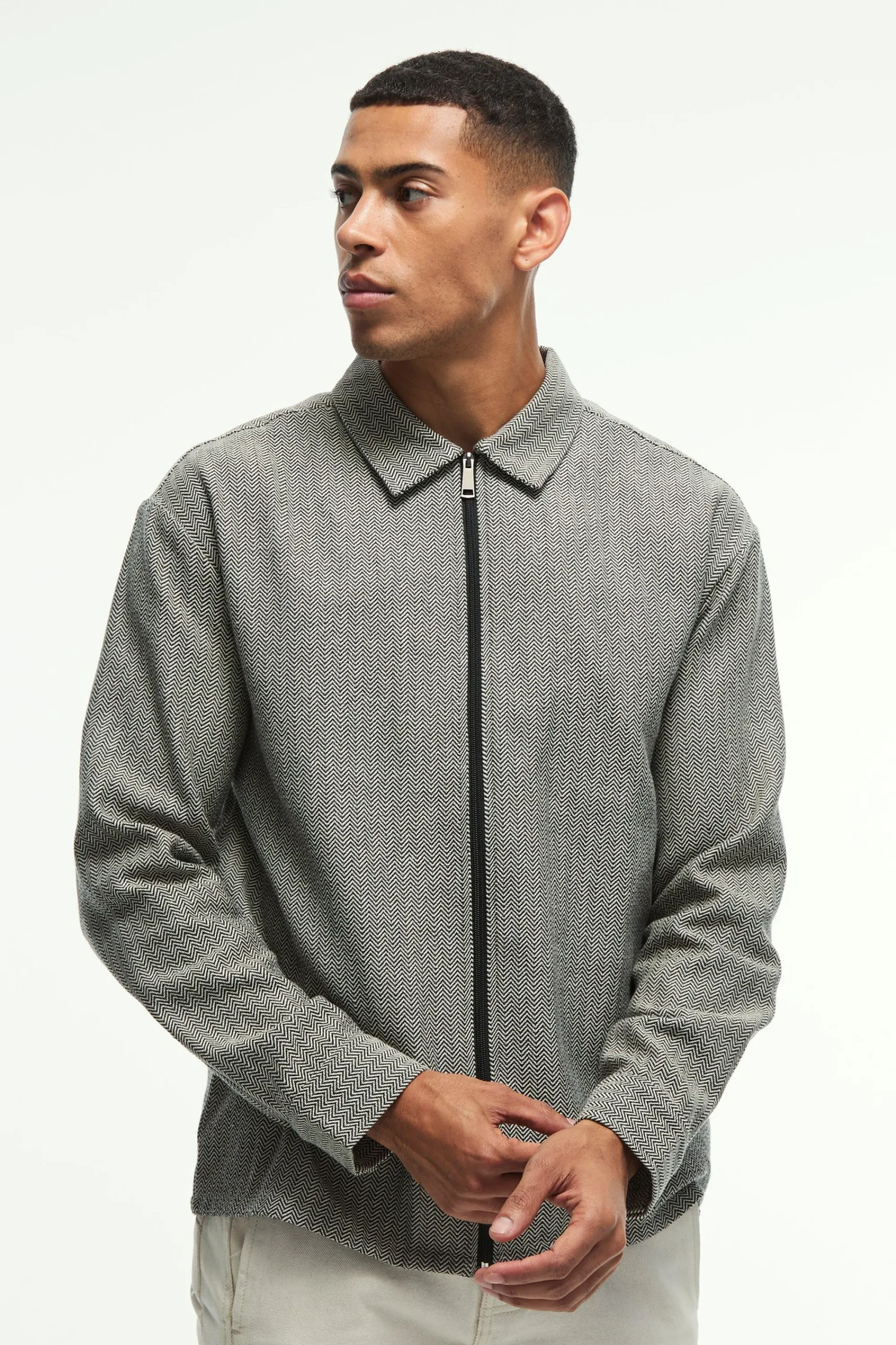 boohooMAN Oversized Fit Zip Through Herringbone Shirt | UK| Shirts