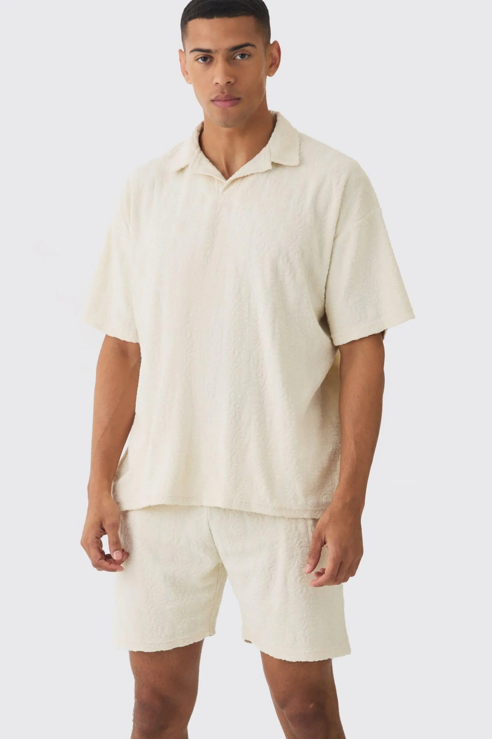 boohooMAN Oversized Floral Embossed Revere Polo & Short Set | UK| Sets & Co-Ords|Tracksuits