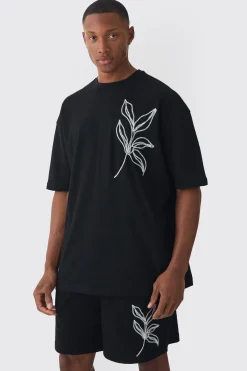 boohooMAN Oversized Floral Embroidered Slub T-shirt And Short Set | UK| Sets & Co-Ords|Tracksuits