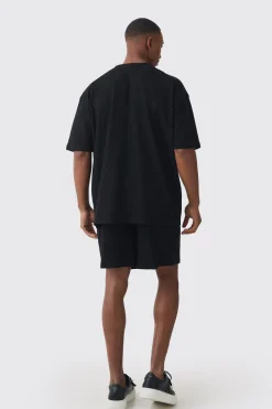 boohooMAN Oversized Floral Embroidered Slub T-shirt And Short Set | UK| Sets & Co-Ords|Tracksuits
