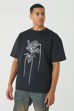 Oversized Floral Line Drawing Scuba T-shirt | UK^boohooMAN Clearance