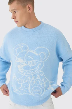boohooMAN Oversized Fluffy Teddy Jumper In Blue | UK| Knitwear