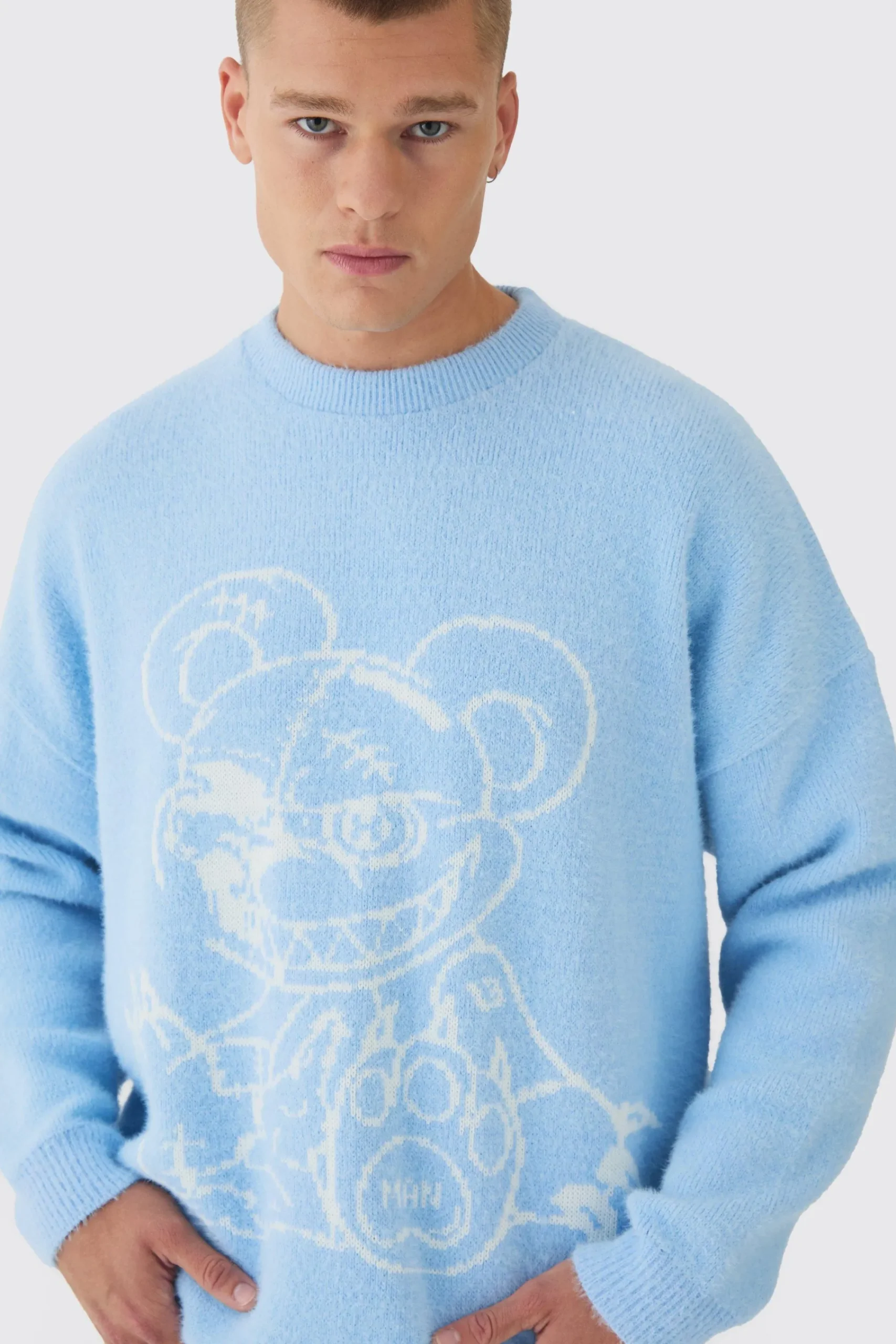 boohooMAN Oversized Fluffy Teddy Jumper In Blue | UK| Knitwear