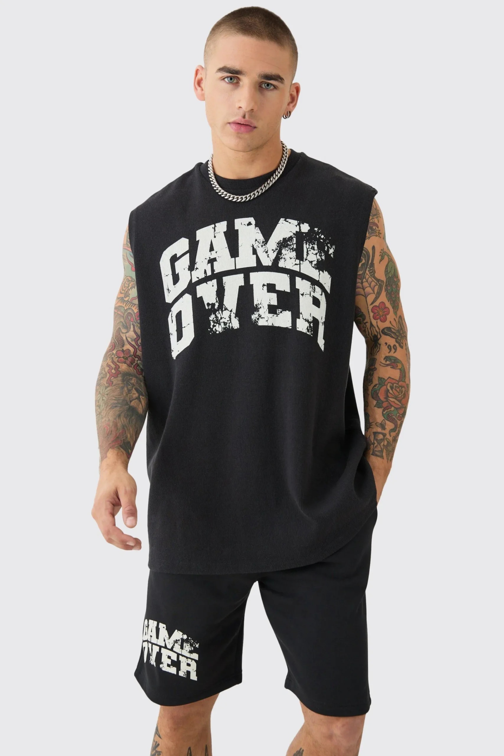 Oversized Game Over Rib Printed Tank & Shorts Set | UK^boohooMAN
