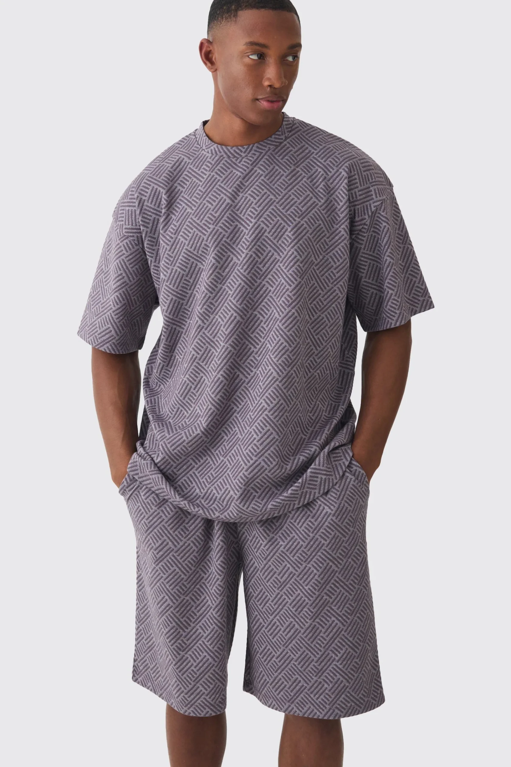 boohooMAN Oversized Geo Jacquard T-shirt & Short Set | UK| Sets & Co-Ords|Tracksuits