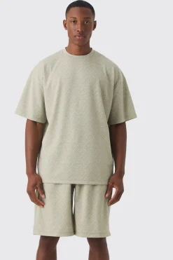 boohooMAN Oversized Geo Jacquard T-shirt & Short Set | UK| Sets & Co-Ords|Tracksuits