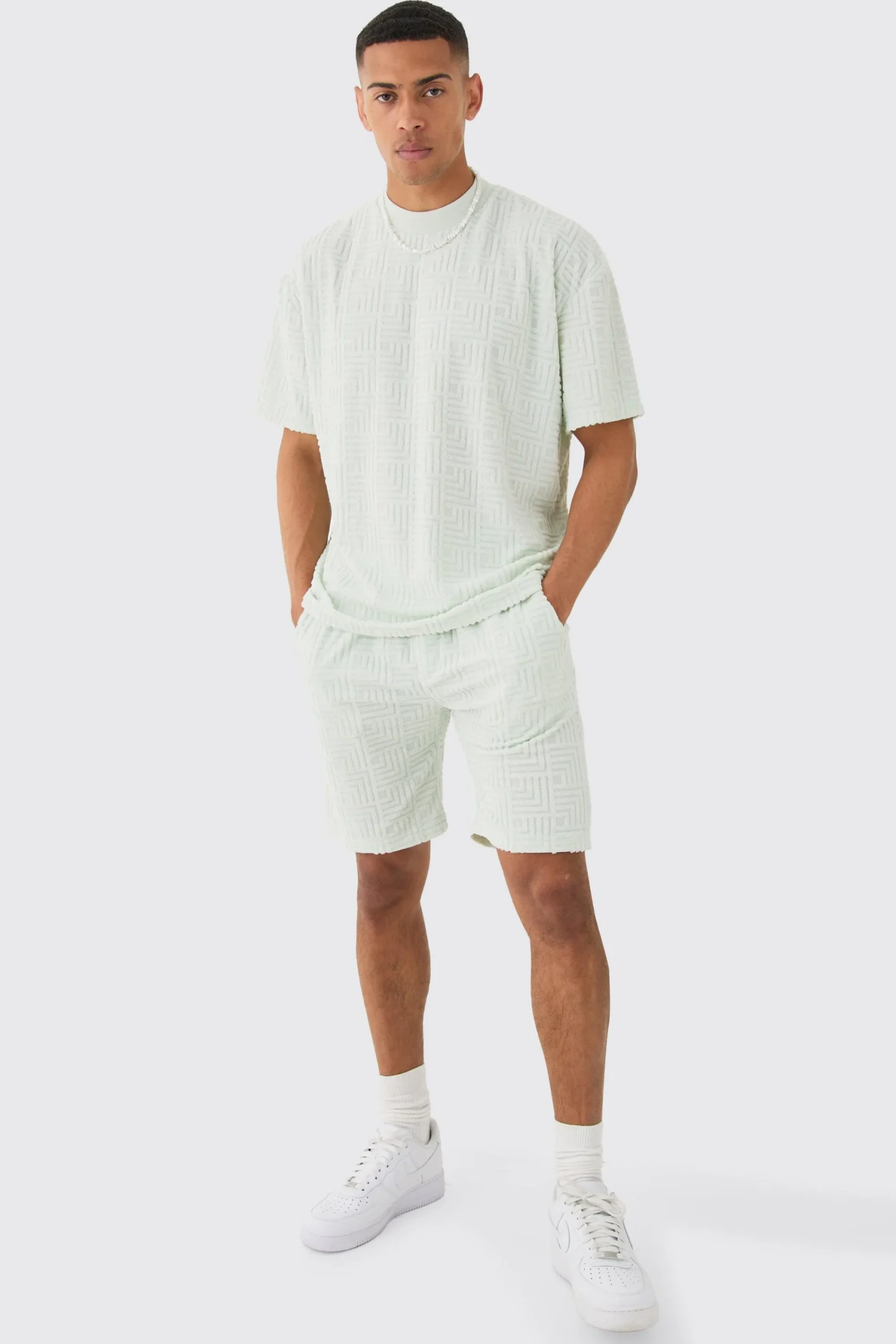 boohooMAN Oversized Geo Towelling Jacquard T-shirt & Shorts Set | UK| Sets & Co-Ords|Tracksuits