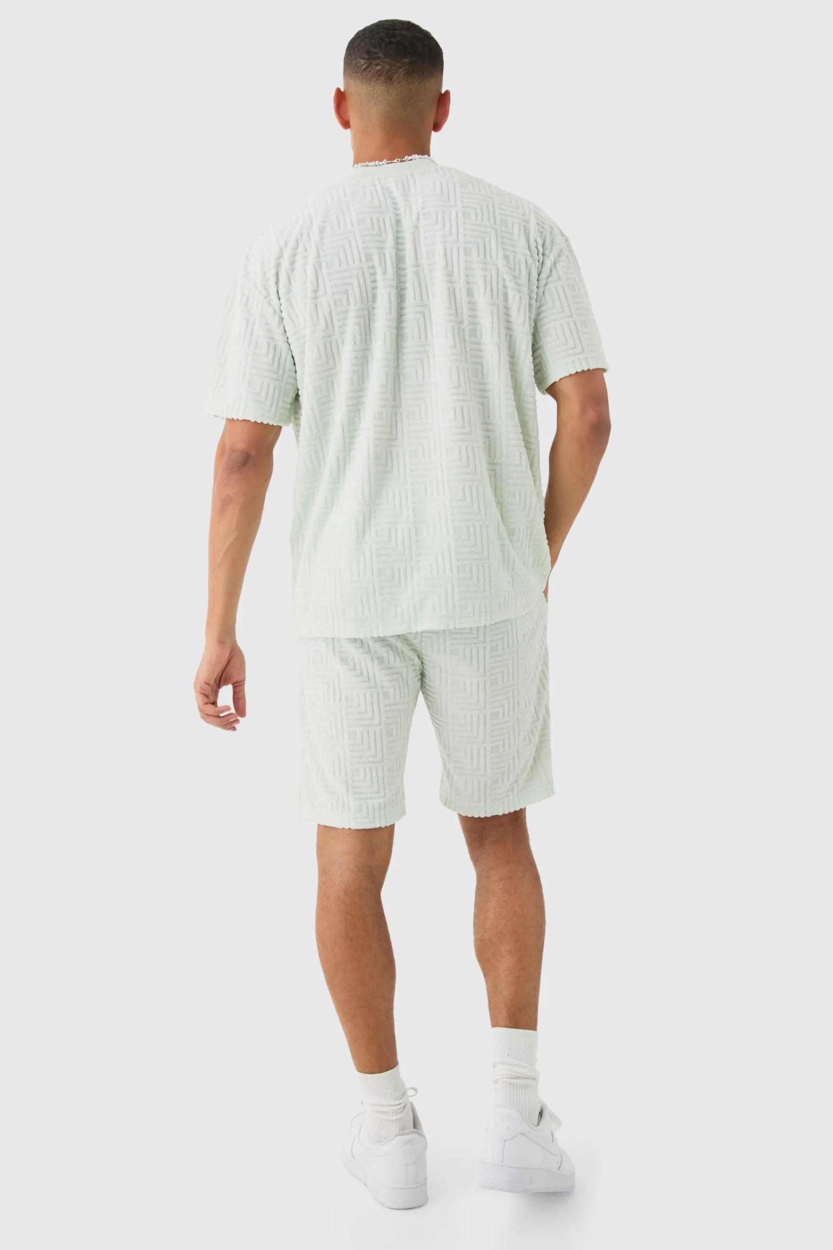 boohooMAN Oversized Geo Towelling Jacquard T-shirt & Shorts Set | UK| Sets & Co-Ords|Tracksuits
