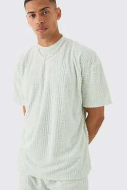 boohooMAN Oversized Geo Towelling Jacquard T-shirt & Shorts Set | UK| Sets & Co-Ords|Tracksuits