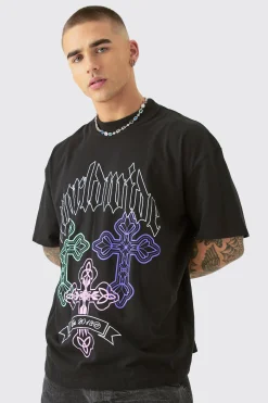 Oversized Gothic Cross Print T-shirt | UK^boohooMAN Clearance