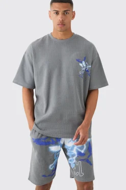 boohooMAN Oversized Gothic Waffle Large Printed T-shirt & Shorts Set | UK| Sets & Co-Ords|Tracksuits