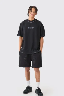 boohooMAN Oversized Graphic Heart Contrast Stitch T-shirt & Short Set | UK| Sets & Co-Ords|Tracksuits