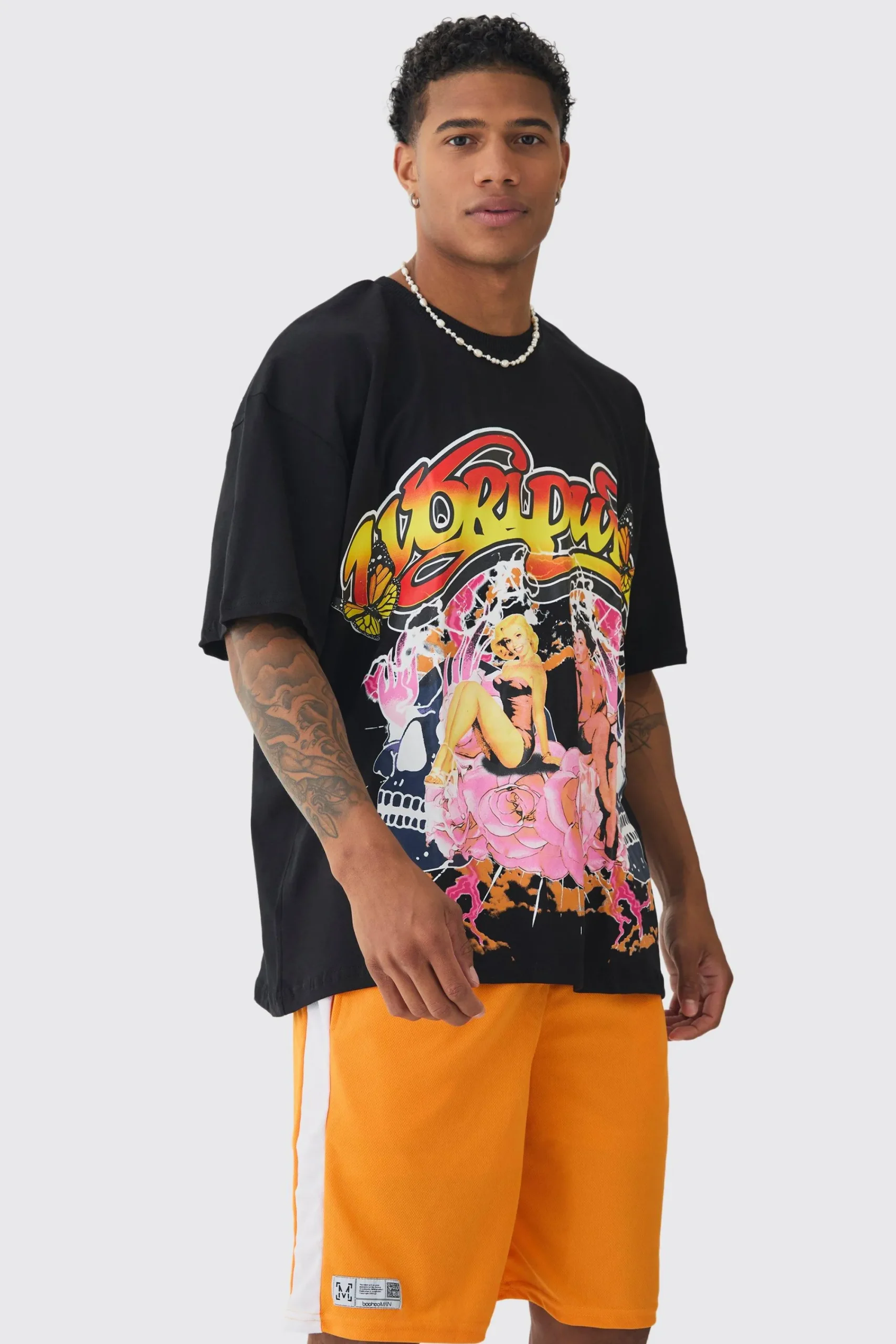 boohooMAN Oversized Graphic T-shirt & Mesh Short Set | UK| Sets & Co-Ords|Tracksuits