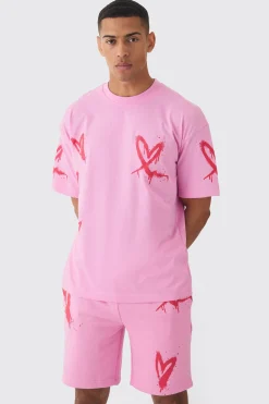boohooMAN Oversized Heart Spray Print T-shirt & Short Set | UK| Sets & Co-Ords|Tracksuits