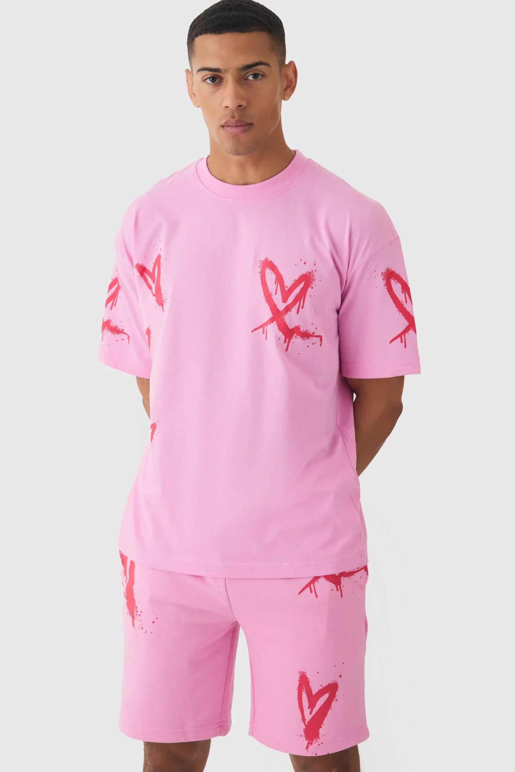 boohooMAN Oversized Heart Spray Print T-shirt & Short Set | UK| Sets & Co-Ords|Tracksuits