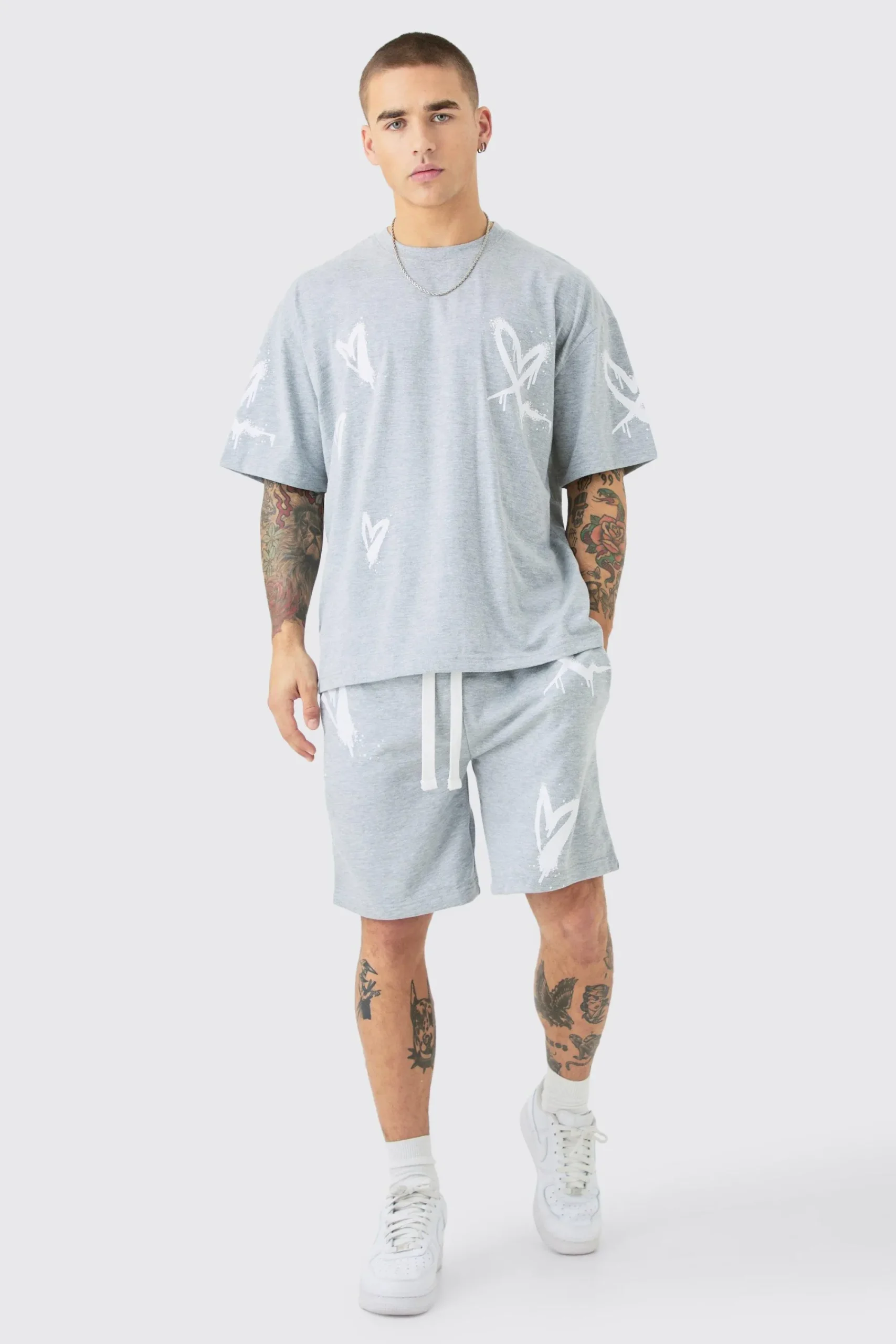 boohooMAN Oversized Heart Spray Print T-shirt & Shorts Set | UK| Sets & Co-Ords|Tracksuits