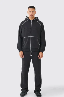 boohooMAN Oversized Heavyweight Applique Contrast Stitch Tracksuit | UK| Tracksuits