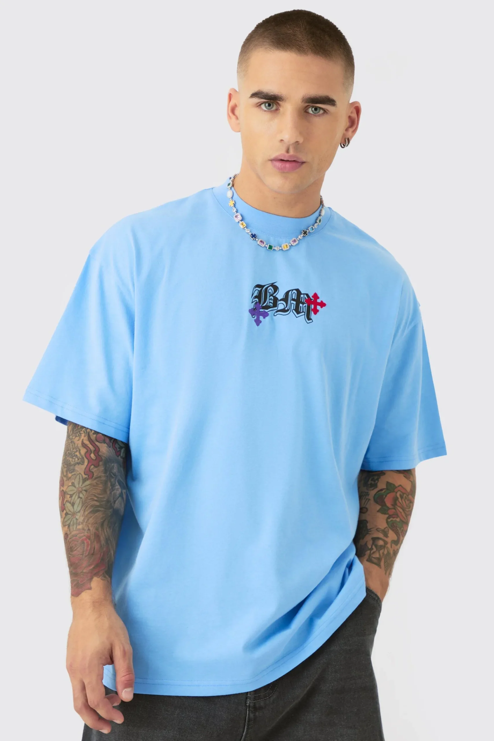 Oversized Heavyweight BM Cross Embroidered T-shirt | UK^boohooMAN